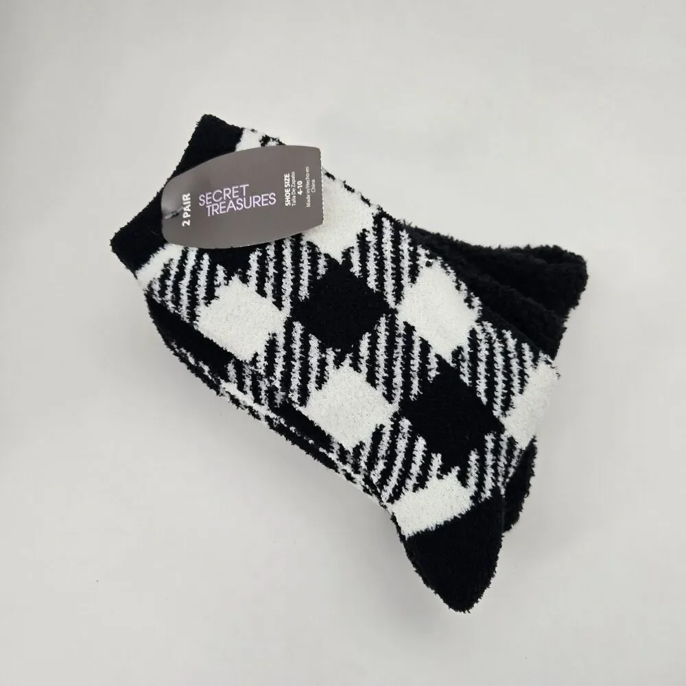 Womens 2 Pair Secret Treasures Fuzzy Crew Socks Black‎ White Checker Size 4-10
